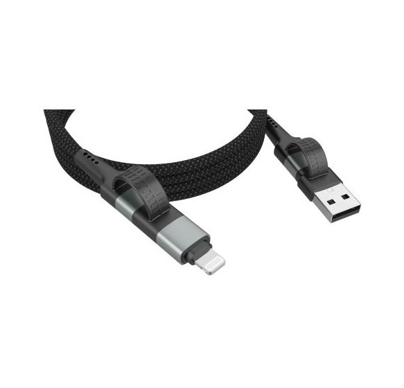 1700-0188 Stecker Rundkabel USB A/USB C auf USB C/Lightning bis 60 W 1,2 m  (Schwarz, Silber) 