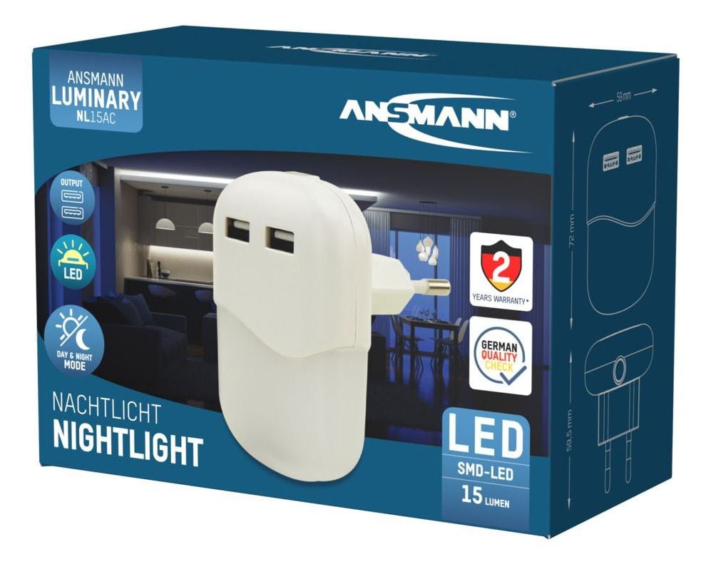 NL15AC + 2USB Sensor Nachtlicht LED Warmweiß (3000K) Warmweiß AC, USB 