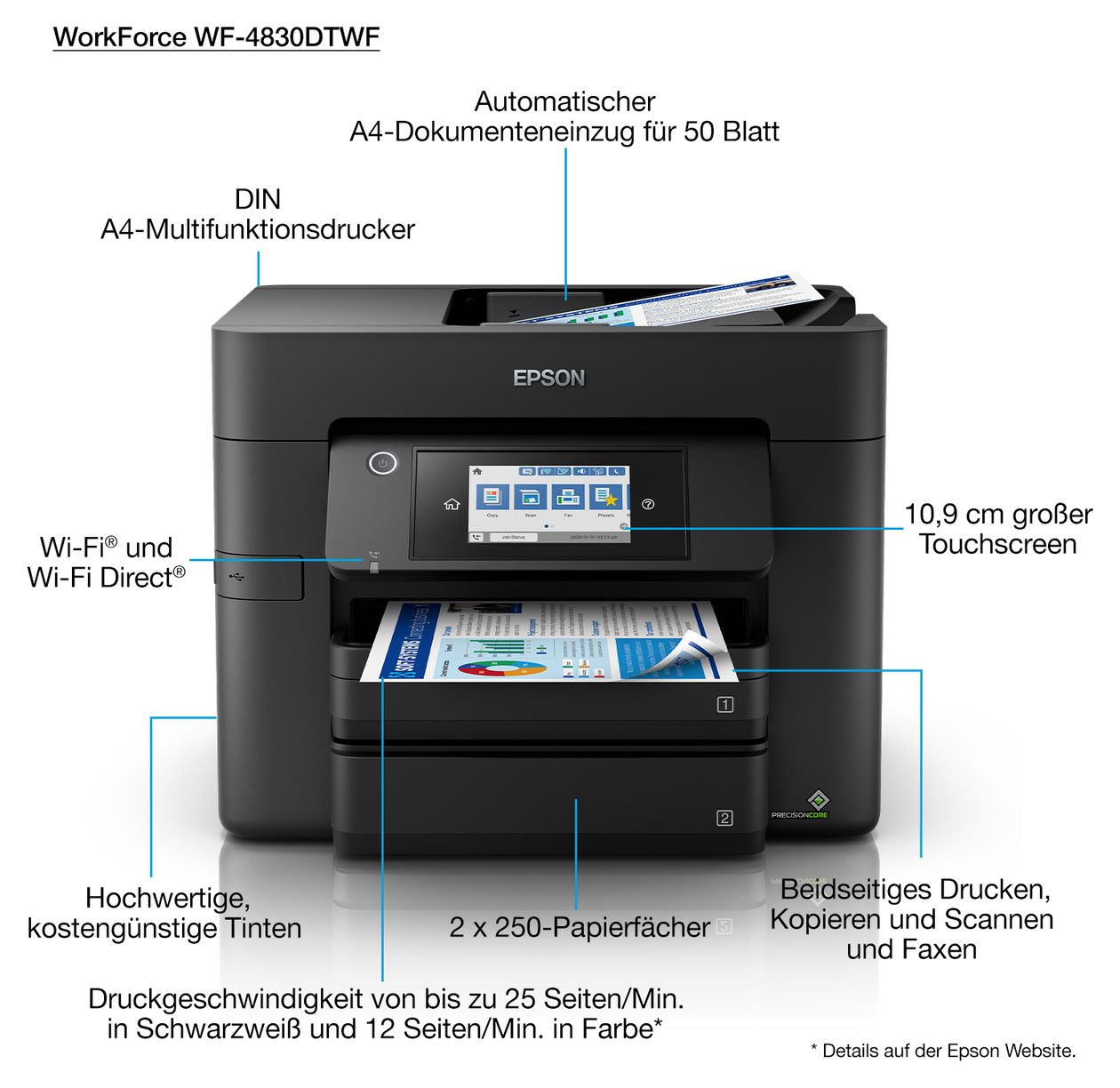 WorkForce Pro WF-4830DTWF All in One A4 Tintenstrahl Drucker 4800 x 2400 DPI 