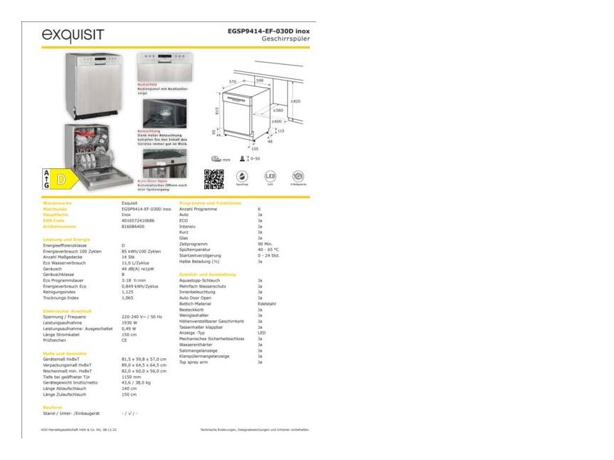 EGSP6112-EF-030E 60 cm Geschirrspüler vollintegriert (ohne Front) Leise 12 Maßgedecke 