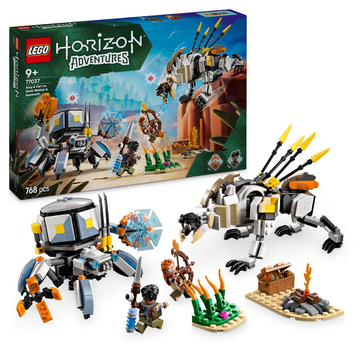 Horizon Adventures Aloy und Varl vs. Panzerwanderer und Sägezahn Bauset 768 Teile  (Mehrfarbig) 
