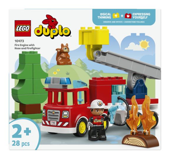 Löschauto mit Schlauch und Feuerwehrmann 