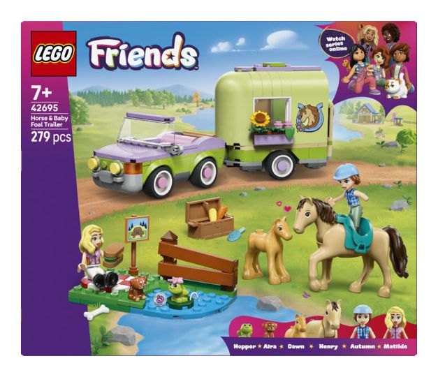 Pferd und Fohlen mit Pferdeanhänger 