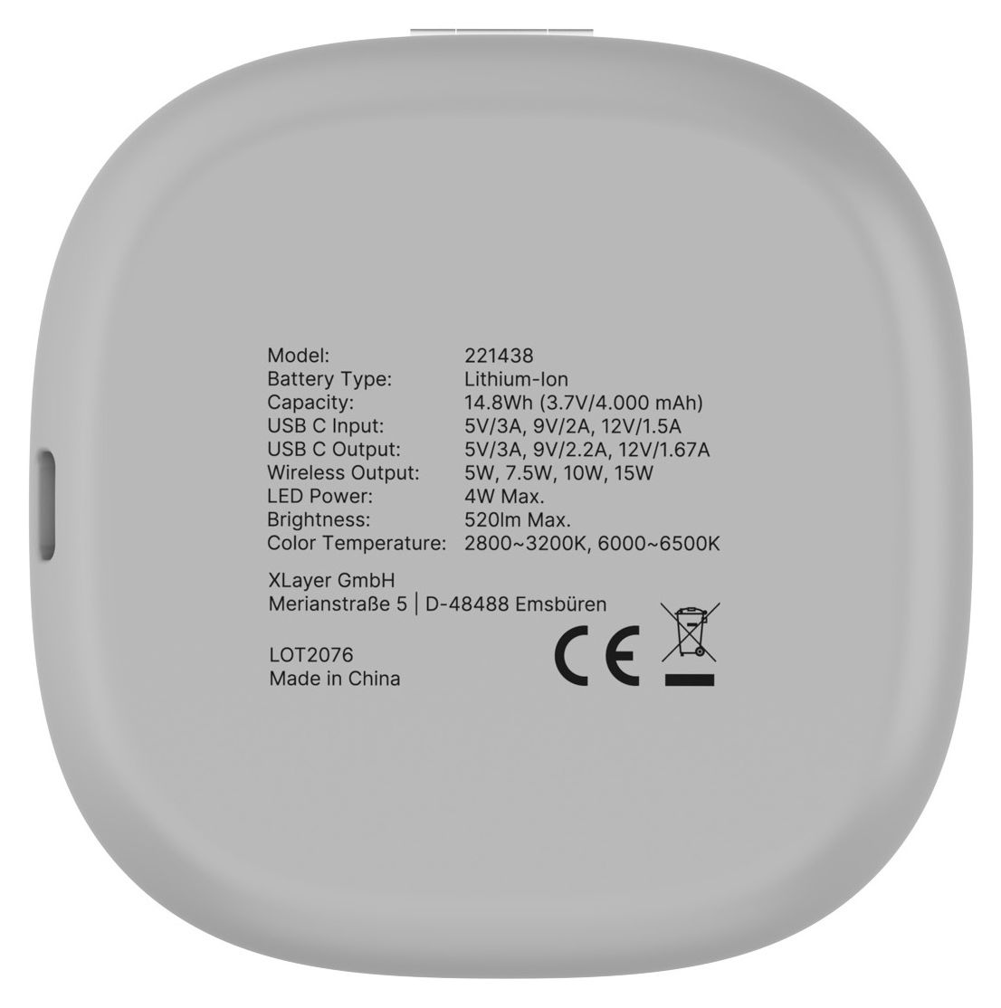 Schminkspiegel mit 4000 mAh Powerbank USB Typ-C Kabelloses Laden  (Grau) 
