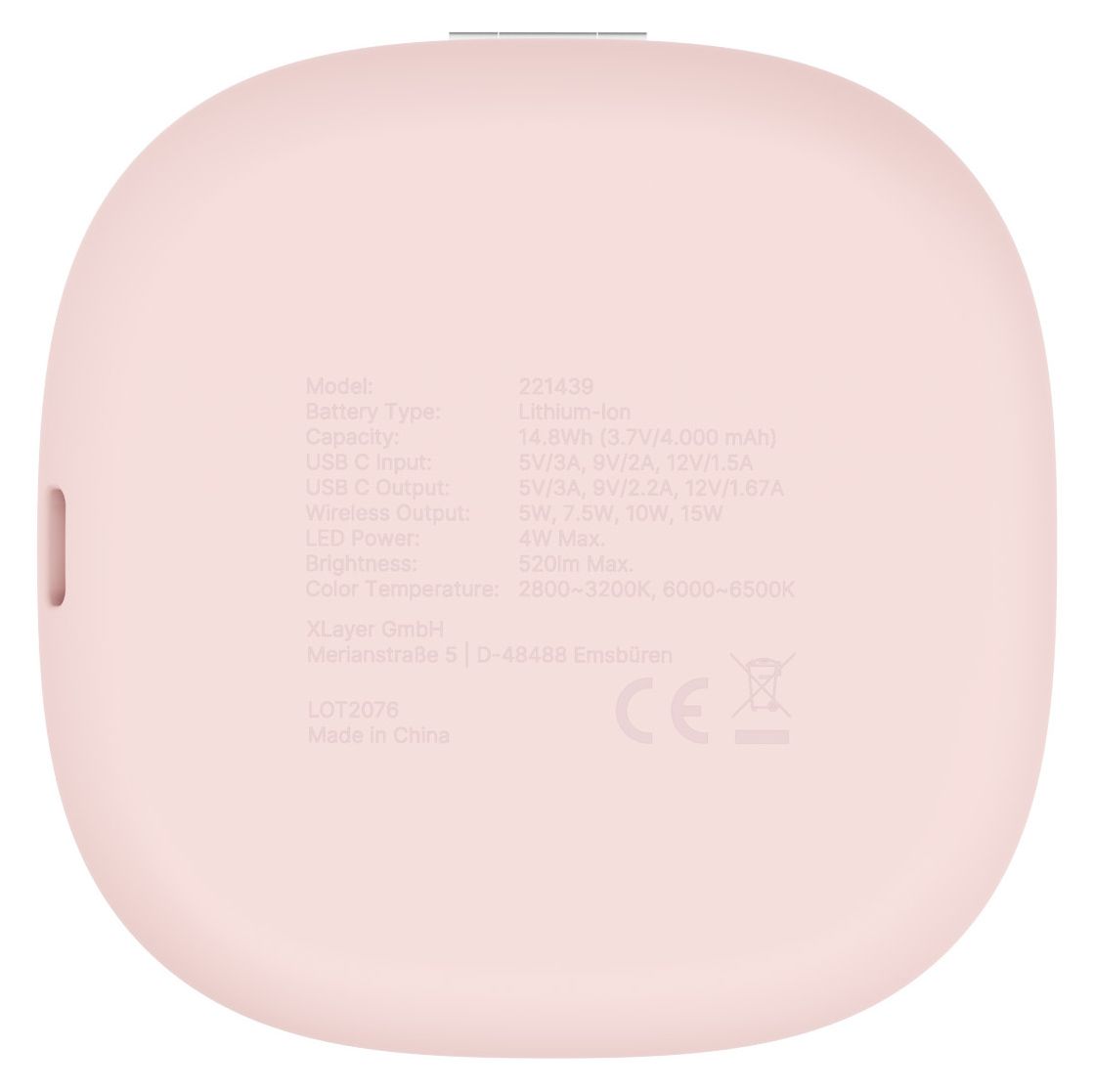 Schminkspiegel mit 4000 mAh Powerbank USB Typ-C Kabelloses Laden  (Rose) 