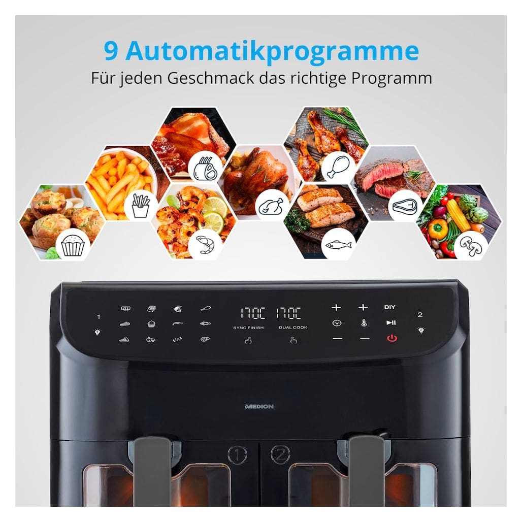Life P20 XXL MD11760 Doppel Heißluftfritteuse 8,7 l 2600 W  (Schwarz) 
