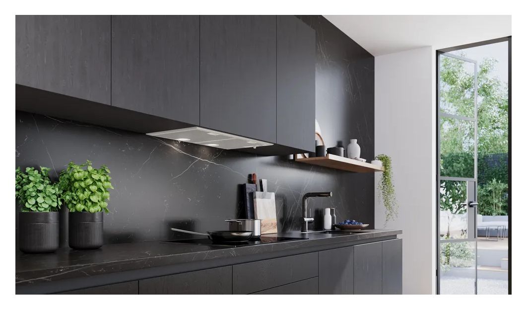 iQ300 LB75566 Lüfterbaustein Abluft/Umluft Dunstabzugshaube/Esse Einbau 73 cm (Metallisch, Silber) 