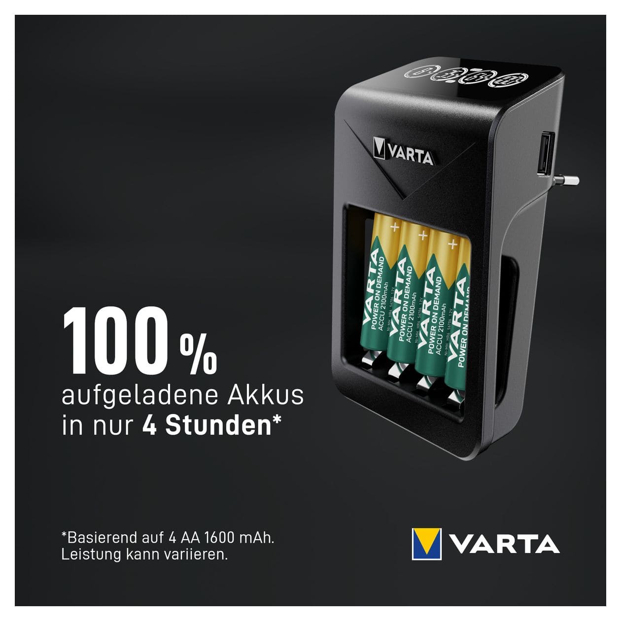 Akku Ladegerät, inkl. 4X AA 2100mAh, Batterieladegerät für wiederaufladbare AA/AAA/9V und USB Geräte, LCD Plug Charger+, Einzelschachtladung 