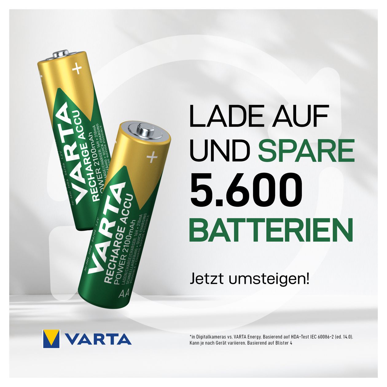 Batterien AA, wiederaufladbar, 2 Stück, Recharge Accu Power, Akku, 2100 mAh Ni-MH, ohne Memory Effekt, vorgeladen, sofort einsatzbereit 