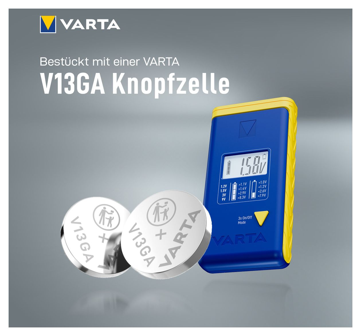 Batterietester LCD Digital für Batterien, Akkus und Knopfzellen, Testgerät für alle wichtigen Batteriegrößen (AA, AAA, C, D, 9V) inkl. 2x V13GA (LR44) 