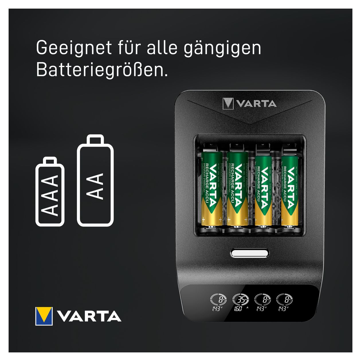 LCD Ultra Fast Charger+ AA & AAA (NiMH Akkus inkl. 4x AA 2100 mAh Akkus & AC sdapter & 12 V Adapter), schwarz 