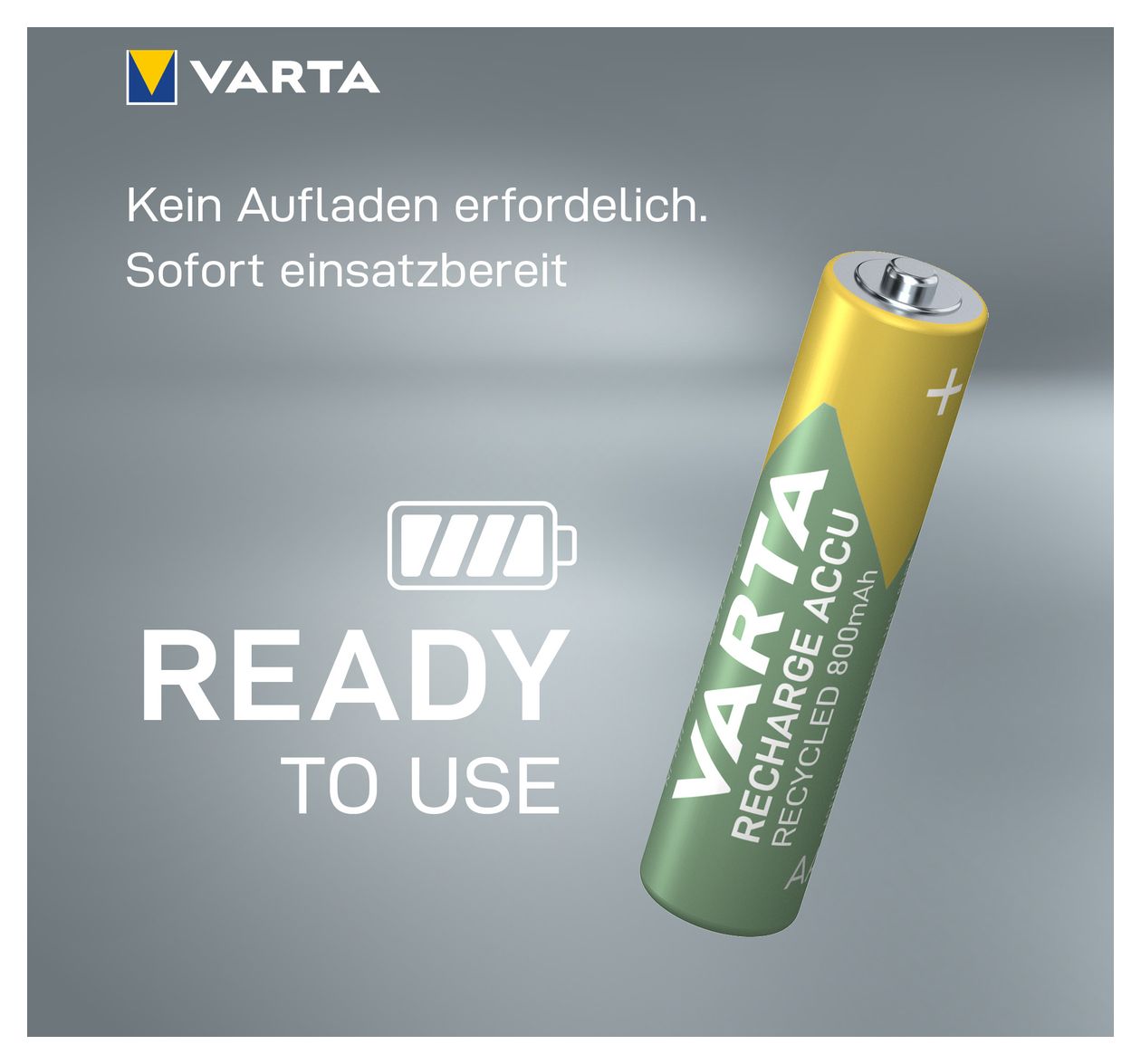 Recharge Accu Recycled AAA 800 mAh 4er-Pack (vorgeladener NiMH-Akku, Micro, 25 % recyceltes Material, wiederaufladbarer Akku, sofort einsatzbereit) 