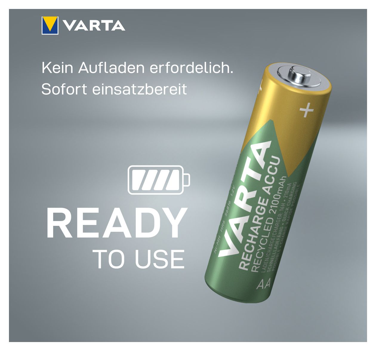 Recharge Accu Recycled AA 2100 mAh 2er-Pack (vorbeladener NiMH-Akku, Mignon, 25 % recycelte Materialien, wiederaufladbarer Akku, sofort einsatzbereit) 