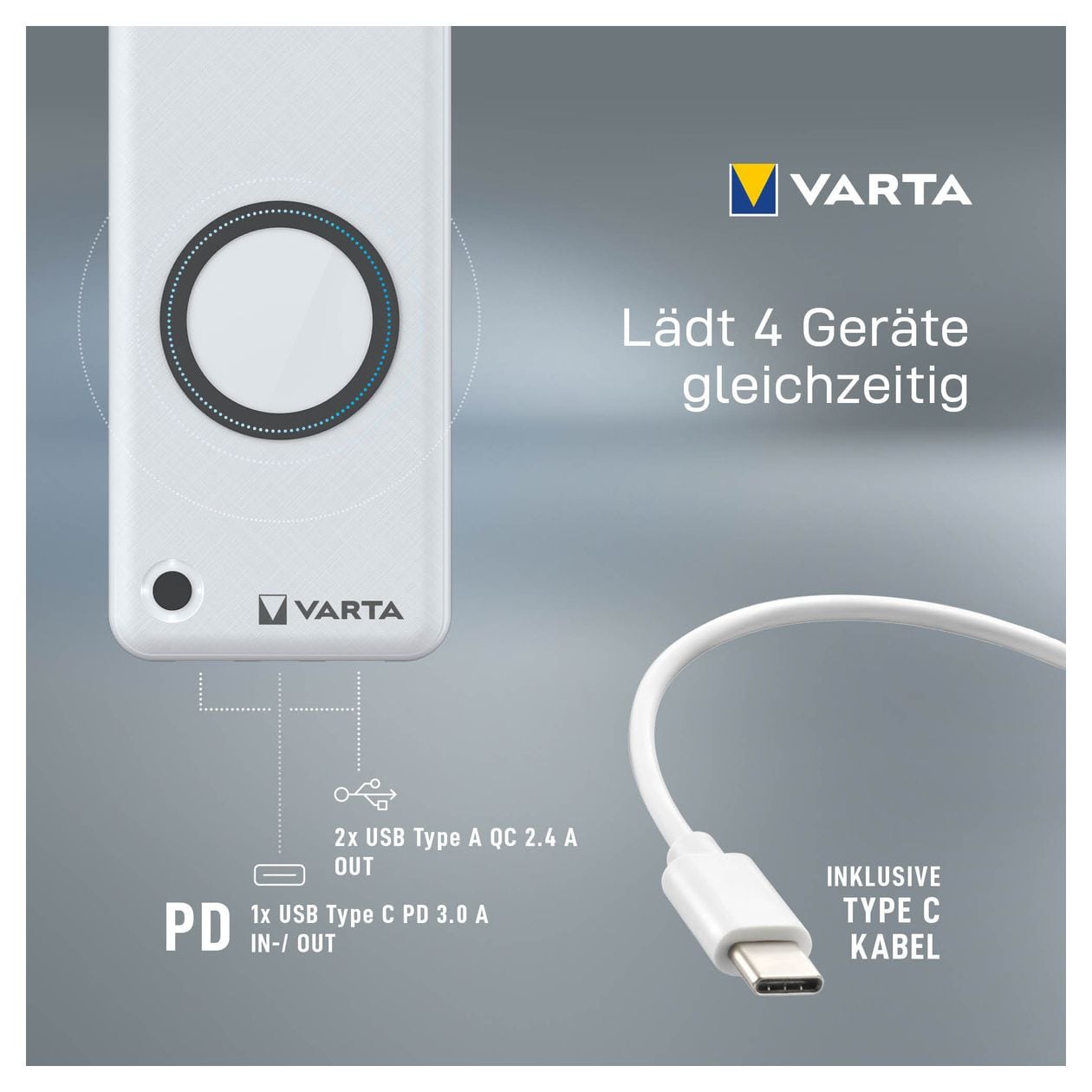 Wireless 10000 mAh Powerbank USB Typ-C Kabelloses Laden  (Weiß) 