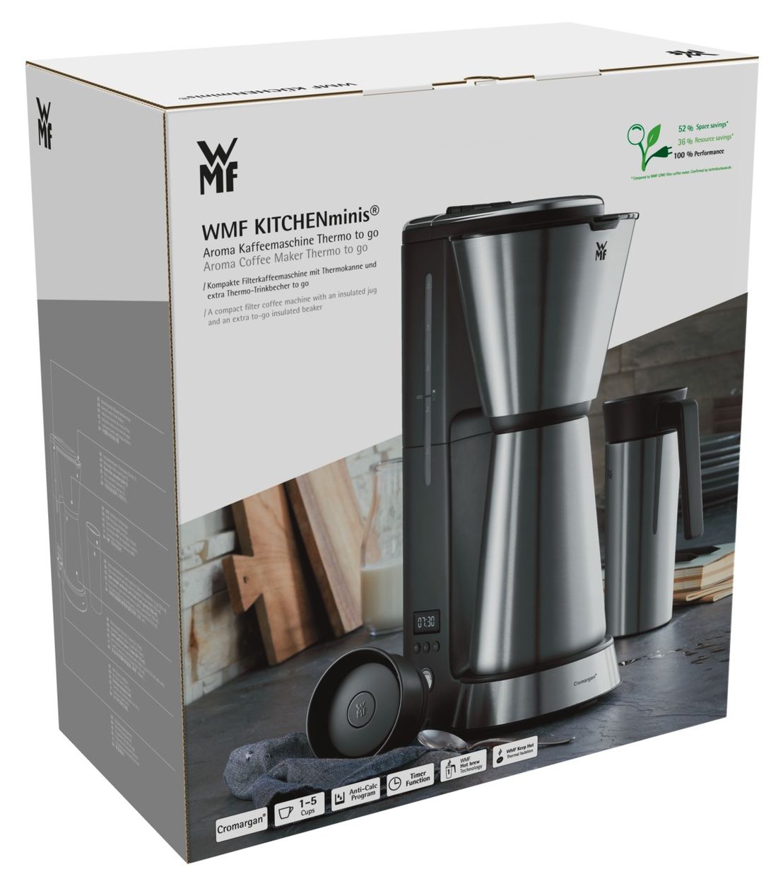KÜCHENminis Aroma Thermo to go 5 Tassen Filterkaffeemaschine 0,6 l  (Schwarz, Chrom) 