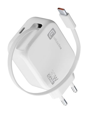 Cellular Line GaN+ mit ausziehbarem USB-C-Kabel Ladegerät  (Weiß) f&uuml;r 34,99 Euro