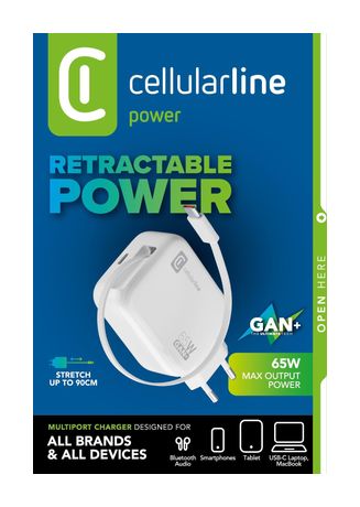 Cellular Line 65-W-GAN+-LADEGERÄT MIT AUSZIEHBAREM KABEL UND USB-C-ANSCHLUSS f&uuml;r 39,99 Euro
