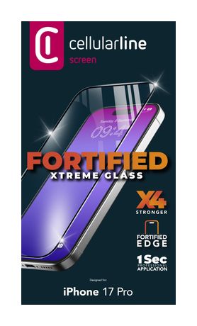 Cellular Line Fortified Xtreme Glass Klare Bildschirmschutzfolie gehärtetes Glas für  Apple iPhone 17 Pro Abnutzungsresistent, Tropfsicher, Schlagfest, Kratzresistent, Schockresistent f&uuml;r 29,99 Euro