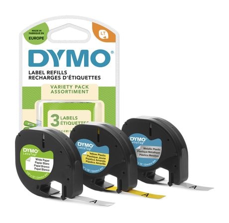 Dymo DYMO Original LetraTag Etikettenband | Papier/Kunststoff/Metall | 12 mm x 4 m | selbstklebendes Etiketten | für LetraTag-Beschriftungsgerät | 3 Etikettenkassetten f&uuml;r 19,99 Euro