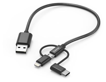 00183305 Micro-USB-Kabel mit Adapter auf USB-Type-C u. Lightning 0,2m 