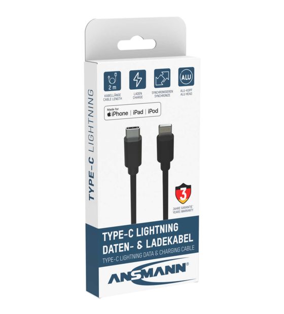 Ansmann 1700-0107 Stecker Lightning auf USB C 2 m  (Schwarz) f&uuml;r 27,99 Euro
