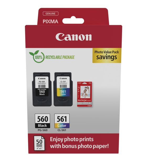 Canon PG-560/CL-561 Photo Value Pack (PVP) originale Druckerpatronen Schwarz, Cyan, Magenta, Gelb f&uuml;r 49,99 Euro