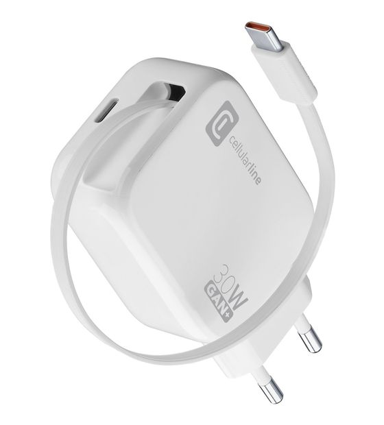 Cellular Line 30-W-GAN+-LADEGERÄT MIT AUSZIEHBAREM KABEL UND USB-C-ANSCHLUSS f&uuml;r 34,99 Euro
