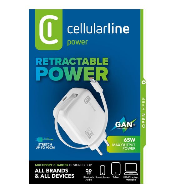 Cellular Line 65-W-GAN+-LADEGERÄT MIT AUSZIEHBAREM KABEL UND USB-C-ANSCHLUSS f&uuml;r 39,99 Euro