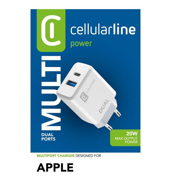 Cellular Line Dual Charger - iPhone 8 or later Netzladegerät mit 2 USB- und USB-C-Anschlüssen zum gleichzeitigen Laden von zwei Apple-Geräten f&uuml;r 19,99 Euro
