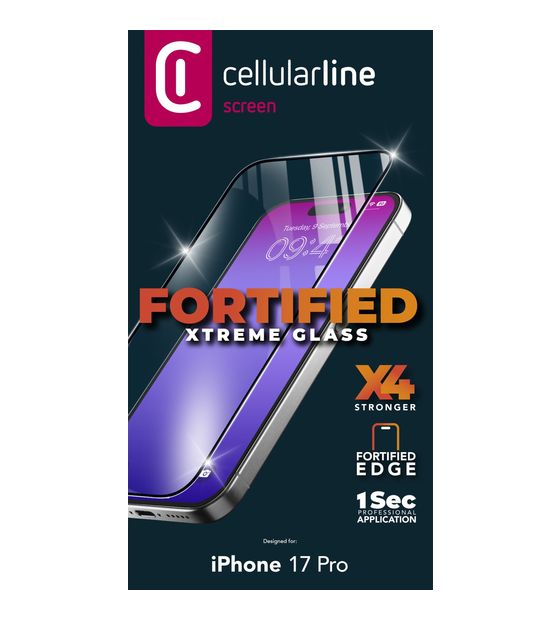 Cellular Line Fortified Xtreme Glass Klare Bildschirmschutzfolie gehärtetes Glas für  Apple iPhone 17 Pro Abnutzungsresistent, Tropfsicher, Schlagfest, Kratzresistent, Schockresistent f&uuml;r 29,99 Euro