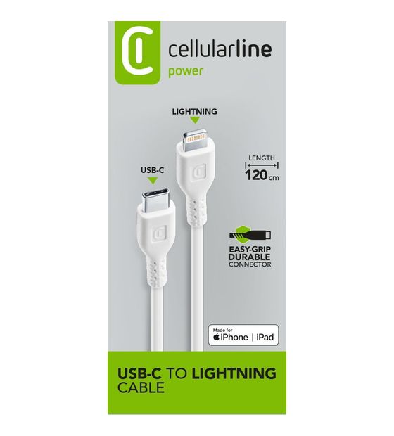 Cellular Line Power Cable Lightning auf USB C bis 30 W 1,2 m  (Weiß) f&uuml;r 16,99 Euro