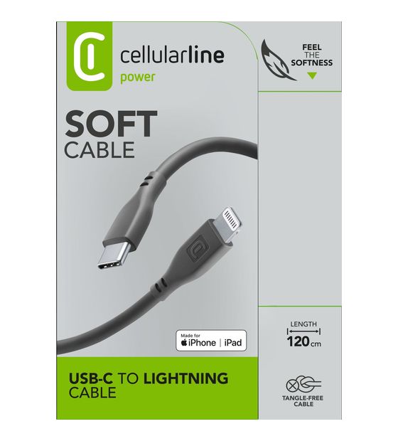 Cellular Line Soft Cable Stecker Lightning auf USB C bis 30 W 1,2 m  (Schwarz) f&uuml;r 22,99 Euro