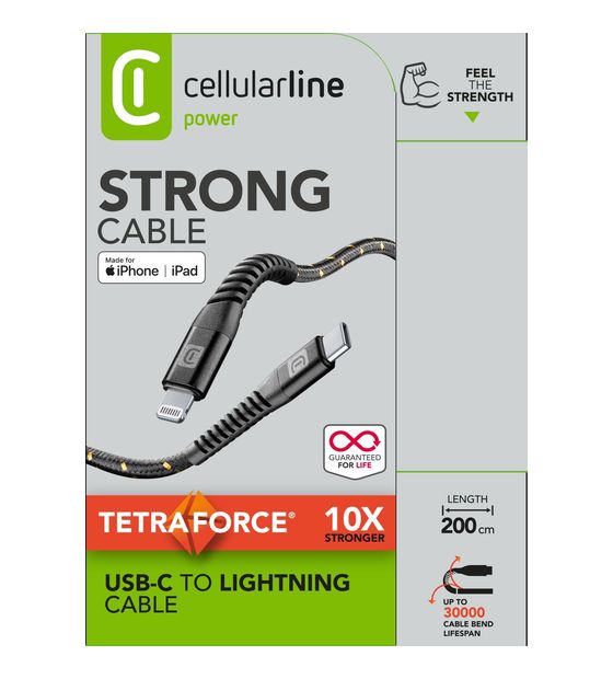 Cellular Line Tetra Force Cable Stecker Lightning auf USB C bis 30 W 2 m  (Schwarz) f&uuml;r 34,99 Euro