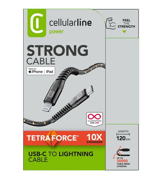 Cellular Line Tetra Force Cable Lightning auf USB C bis 30 W 1,2 m  (Schwarz) f&uuml;r 22,99 Euro