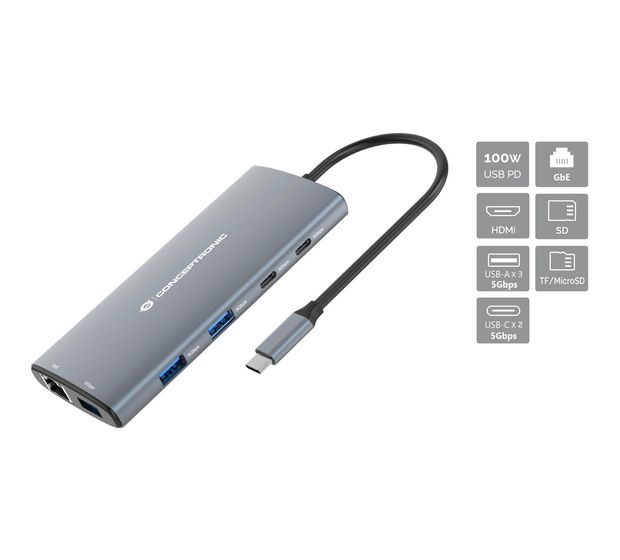 Conceptronic DONN06G 10-in-1 USB 3.2 Gen 1 Dockingstation, HDMI, 100W USB PD, USB-C 5Gbps x 2, USB-A 5Gbps x 3, SD, TF/MicroSD, GbE f&uuml;r 53,99 Euro