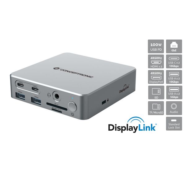 Conceptronic DONN25G 15-in-1 DisplayLink USB 3.2 Gen 2 Dockingstation, 4K60Hz Triple-Display, HDMI x 2, DisplayPort, USB-C 10 Gbit/s x 2, USB-A 10 Gbit/s x 2, USB-A 5 Gbit/s x 2, SD, TF/MicroSD, GbE, Audio, DC-Eingang, Sicherheitssteckplatz, PD 3,0 f&uuml;r 306,00 Euro