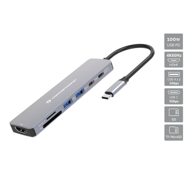 Conceptronic DONN28G 7-in-1 USB 3.2 Gen 1 Dockingstation, 4K60Hz HDMI, USB-A 5Gbps x 2, USB-C 5Gbps, SD, TF/MicroSD, 100W USB PD f&uuml;r 33,99 Euro