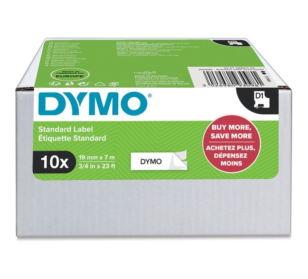 Dymo DYMO Original D1-Etikettenband | schwarz auf weiß | 19 mm x 7 m | selbstklebendes Schriftband | für LabelManager-Beschriftungsgerät | 10 D1 Etikettenkassetten f&uuml;r 188,99 Euro