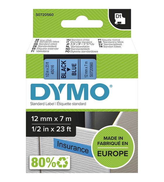 Dymo DYMO Original D1-Etikettenband | schwarz auf blau | 12 mm x 7 m | selbstklebendes Schriftband | für LabelManager-Beschriftungsgerät f&uuml;r 19,39 Euro
