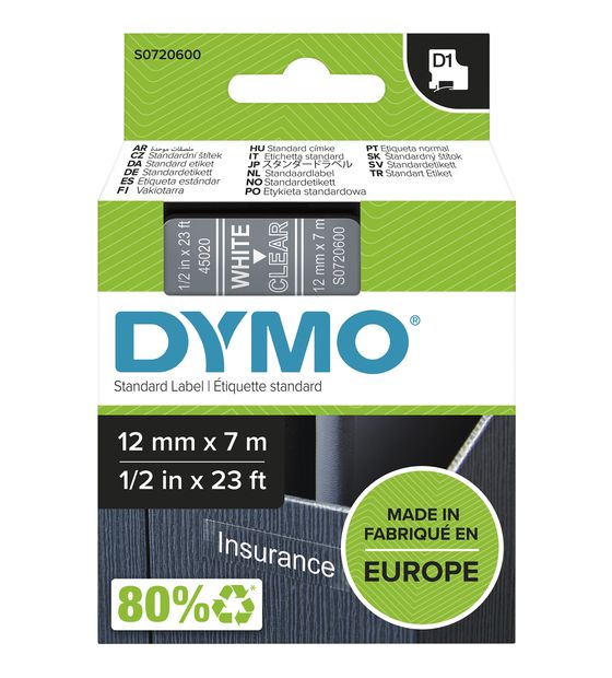 Dymo DYMO Original D1-Etikettenband | weiß auf transparent | 12 mm x 7 m | selbstklebendes Schriftband | für LabelManager-Beschriftungsgerät f&uuml;r 19,39 Euro