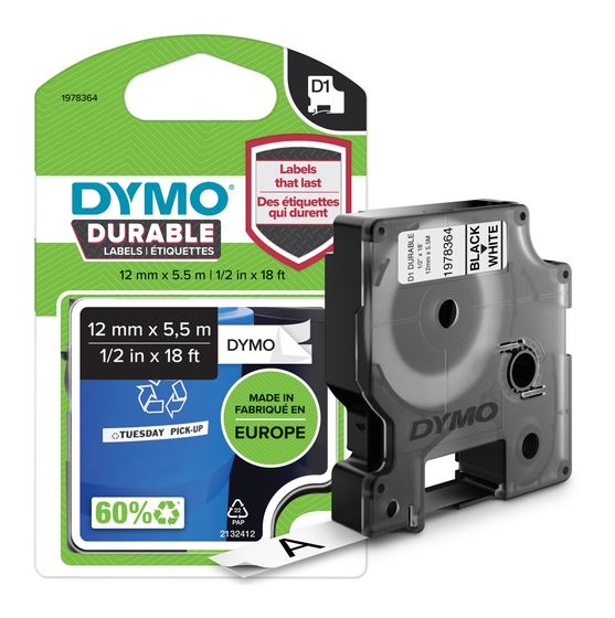 Dymo DYMO Original D1 Hochleistungs-Etikettenband | schwarz auf weiß | 12 mm x 5,5 m | permanent haftendes Vinyl- Schriftband | für LabelManager-Beschriftungsgerät f&uuml;r 18,99 Euro