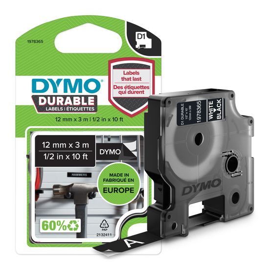 Dymo DYMO Original D1 Hochleistungs-Etikettenband | weiß auf schwarz | 12 mm x 3 m | permanent haftendes Vinyl- Schriftband | für LabelManager-Beschriftungsgerät f&uuml;r 12,99 Euro