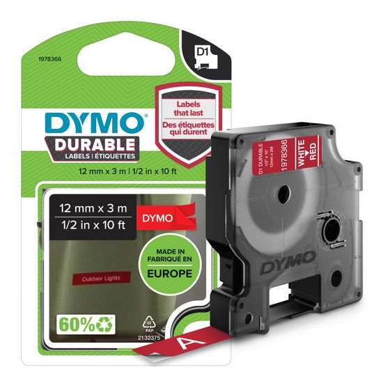 Dymo DYMO Original D1 Hochleistungs-Etikettenband | weiß auf rot | 12 mm x 3 m | permanent haftendes Vinyl-Schriftband | für LabelManager-Beschriftungsgerät f&uuml;r 11,99 Euro