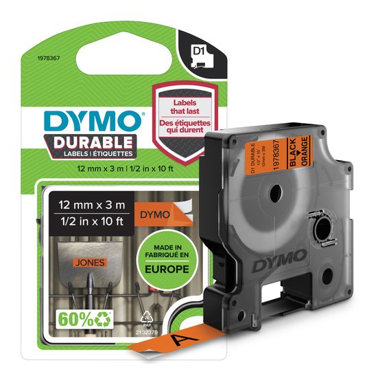 Dymo DYMO Original D1 Hochleistungs-Etikettenband | schwarz auf orange | 12 mm x 3 m | permanent haftendes Vinyl- Schriftband | für LabelManager-Beschriftungsgerät f&uuml;r 11,99 Euro