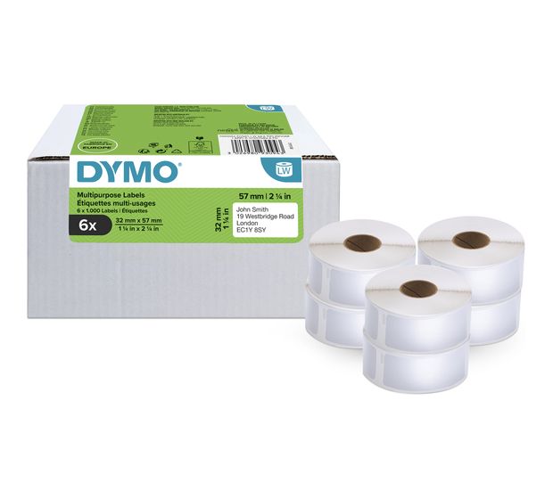 Dymo DYMO Original LabelWriter Mehrzwecketiketten | 32 mm x 57 mm | 6 Rollen mit je 1.000 leicht ablösbaren Etiketten (6.000 Etiketten) | selbstklebende Etiketten | für LabelWriter-Beschriftungsgerät f&uuml;r 132,99 Euro