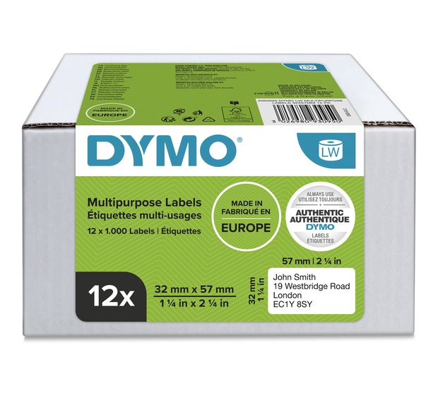 Dymo DYMO Original LabelWriter Mehrzwecketiketten | 32 mm x 57 mm | 12 Rollen mit je 1.000 leicht ablösbaren Etiketten (12.000 Etiketten) | selbstklebende Etiketten| für LabelWriter-Beschriftungsgerät f&uuml;r 247,99 Euro