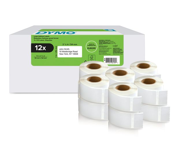 Dymo DYMO Original LabelWriter Rücksendeadressetiketten | 25mm x 54mm | 12 Rollen mit je 500 leicht ablösbaren Etiketten (6.000 Stück) | selbstklebend | Beschriftungsgerät für LabelWriter Etikettendrucker f&uuml;r 108,99 Euro