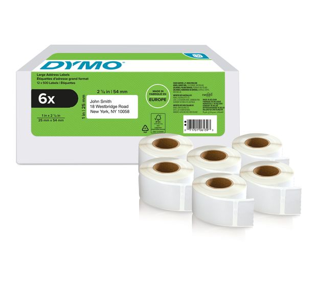 Dymo DYMO Original LabelWriter Rücksendeadressetiketten | 25mm x 54mm | 6 Rollen mit je 500 leicht ablösbaren Etiketten (3.000 Stück) | selbstklebend | Beschriftungsgerät für LabelWriter Etikettendrucker f&uuml;r 62,49 Euro