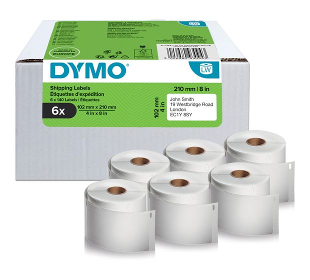 Dymo DYMO Original LabelWriter Versandetiketten für LabelWriter 5XL/4XL-Etikettendrucker | 102 mm x 210 mm | 6 Rollen mit je 140 Etiketten (840 Stück) | selbstklebend | für LabelWriter Beschriftungsgerät f&uuml;r 130,99 Euro