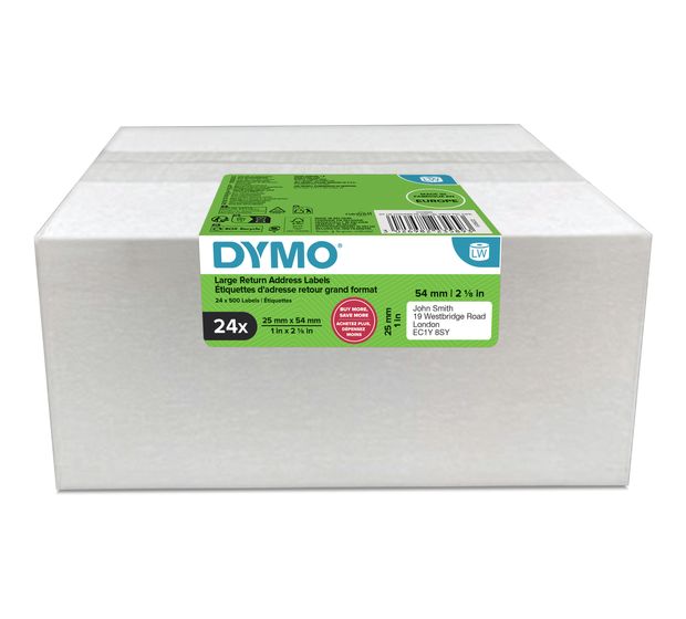 Dymo DYMO Original LabelWriter Rücksendeadressetiketten | 25mm x 54mm | 24 Rollen mit je 500 leicht ablösbaren Etiketten (12.000 Stück) | selbstklebend | Beschriftungsgerät für LabelWriter Etikettendrucker f&uuml;r 185,99 Euro